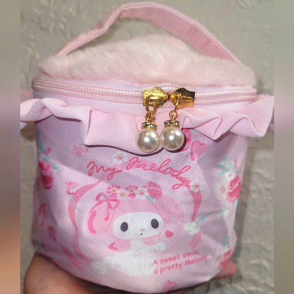 Sanrio Handbags - My Melody Sanrio plush bucket cosmetic makeup bag pink cherry